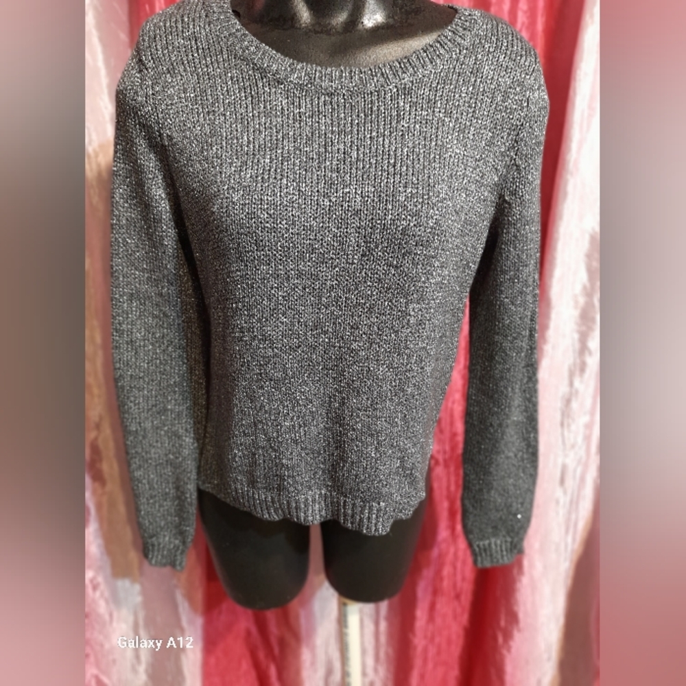 Divided Gray Cowl Neck Sweater with Ribbed Texture